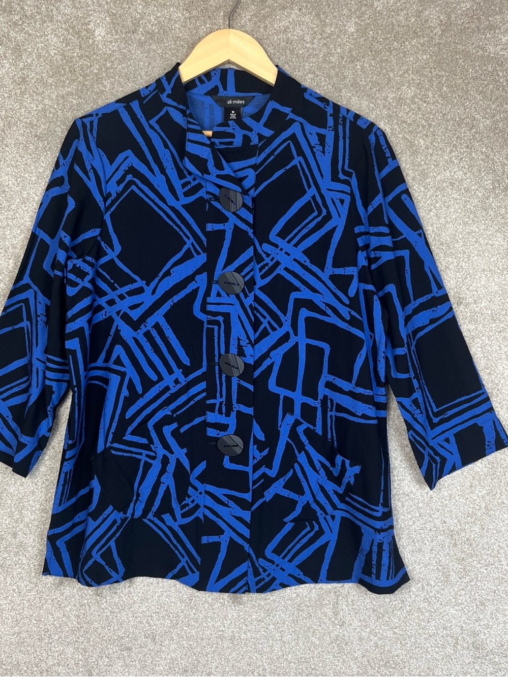 Ali Miles Shirt Womens Medium Blue Black 3/4 Sleeve Button Front New- 5372